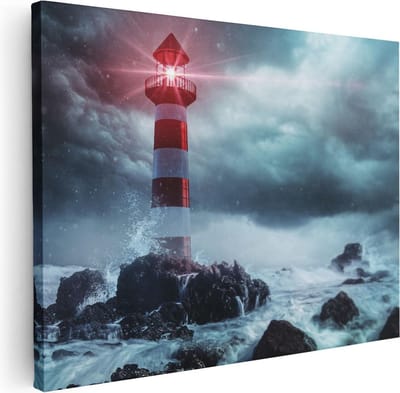 Artaza Canvas Schilderij Zeezicht - 40x30 cm - Klein - Muurdecoratie Vuurtoren - Wanddecoratie Storm - Kamer Accessoires