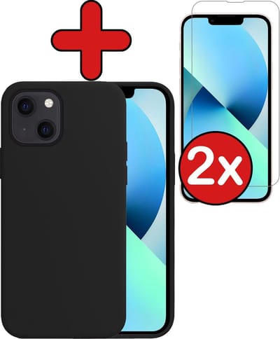 Hoesje - Met 2x Screenprotector - Geschikt voor Apple iPhone 13 Mini - Sterk & Shockproof - Telefoon Hoes - Back Cover - Siliconen Case - Telefoonhoes - Zwart