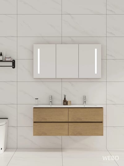 120cm Badmeubel WEBO Paris Compleet Geleverd Eiken inclusief spiegelkast met verlichting en design kranen en afvoer