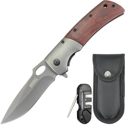 RVS zakmes met Rozenhouten heft, incl. hoes en slijptool - 19 cm Vouwmes met 3.5 mm Dikke 3Cr13 RVS Snede, 58±HRC Hardheid & Zuur-Takhouten (Rozenhouten) Handgreep voor Outdoor, Camping, Survival en Dagelijks Gebruik