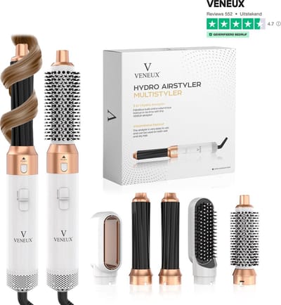 VENEUX® Föhnborstel - Airstyler - Krulborstel - Warmteborstel - 5 in 1 Multistyler - Wit Met Goud - 2025 Editie