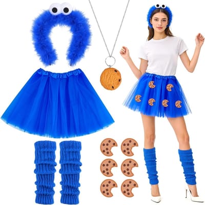 Kruimelmonster Kostuum voor Vrouwen en Kinderen met Hoofdband, Tutu Rok, Ketting en Beenwarmers voor Carnaval en Halloween