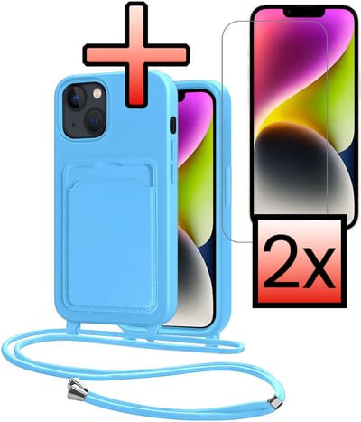 Hoes Geschikt voor iPhone 13 Hoesje Pasjeshouder Cover Met Koord Case Siliconen Hoes Met Telefoonkoord en Kaarthouder Met 2x Screenprotector - Lichtblauw