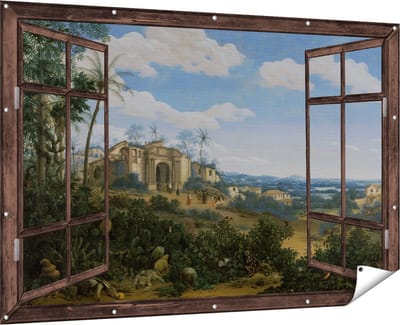 Gards Tuinposter Doorkijk Gezicht op Olinda, Brazilië - Frans Jansz. Post - 180x120 cm - Tuindoek - Tuindecoratie - Wanddecoratie buiten - Tuinschilderij