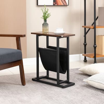 MODFU Bijzettafel Donkerbruin met Stoffen Tas en Stalen Frame, Nachtkastje voor Slaapkamer of Woonkamer