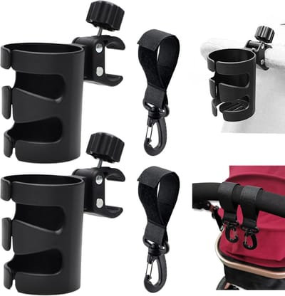 Unyqoos® Universele kinderwagenbekerhouder met haken voor flessen en koffiebekers