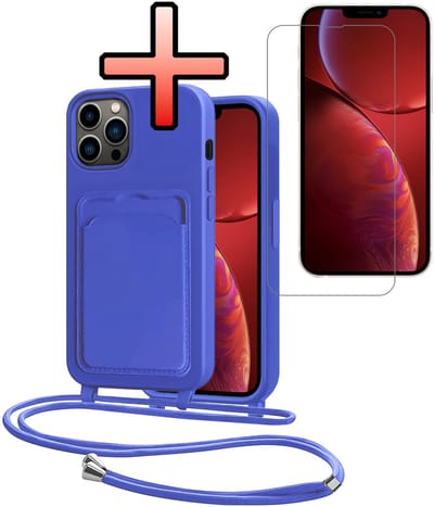 Hoes Geschikt voor iPhone 13 Pro Hoesje Pasjeshouder Cover Met Koord Case Siliconen Hoes Met Telefoonkoord en Kaarthouder Met Screenprotector - Felblauw