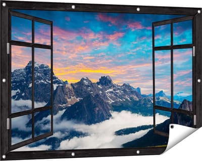 Gards Tuinposter Doorkijk Bergen Landschap met Wolken in Italië - 120x80 cm - Tuindoek - Tuindecoratie - Wanddecoratie buiten - Tuinschilderij