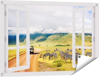Gards Tuinposter Doorkijk Safari Auto tussen de Zebra's - 90x60 cm - Tuindoek - Tuindecoratie - Wanddecoratie buiten - Tuinschilderij
