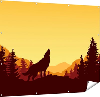 Gards Tuinposter Silhouet van een Wolf in het Bos - Abstract - 150x120 cm - Tuindoek - Tuindecoratie - Wanddecoratie buiten - Tuinschilderij