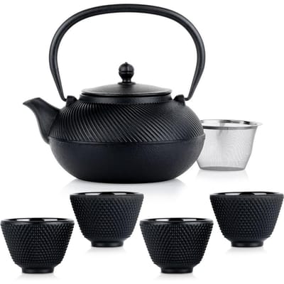 Theepot met Filter Gietijzeren Geëmailleerde en Theekopjes CAST LINE 1 l / 60 ml, 6 delig - Theeset - Theeservies - Koffie- en Thee Pot - Infuser - Theezeef - Filter - Zeef