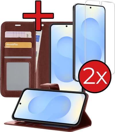Hoesje - Met 2x Screenprotector - Geschikt voor Samsung Galaxy S25 - Luxe Pasjeshouder - Flip Case - Bookcase Portemonee - Kunstleer Book Case - Flipcase Hoes - Book Cover - Walletcase - Portemonneehoes - Telefoonhoes - Bruin