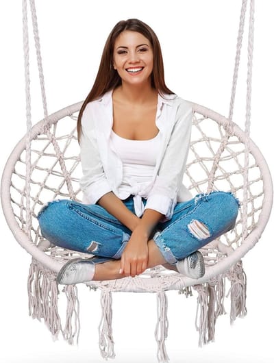 Hangstoel met kussen - Schommelstoel buiten - Ontspannen in de tuin - Gevlochten polyester touw - 150 kg draagkracht - Wit