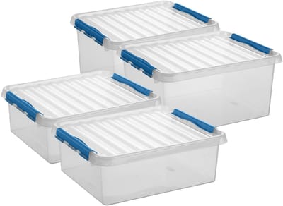 Sunware Q-Line opberg boxen set van 4x stuks - 2 maten - 25 en 36 liter - kunststof - transparant/blauw