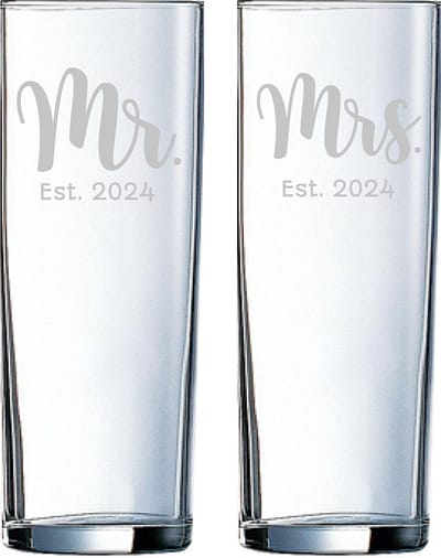 Gegraveerde set longdrinkglazen 31cl Mr. Est. 2024 - Mrs. Est. 2024