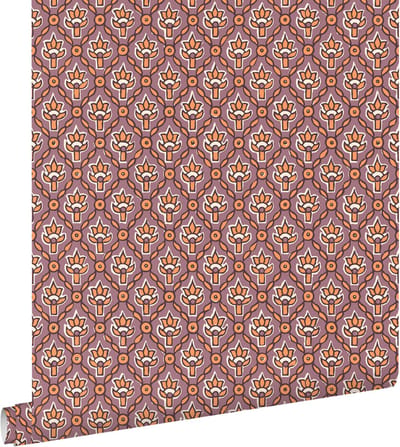 ESTAhome behang vintage bloemen paars en oranje - 50 x 900 cm - 131543