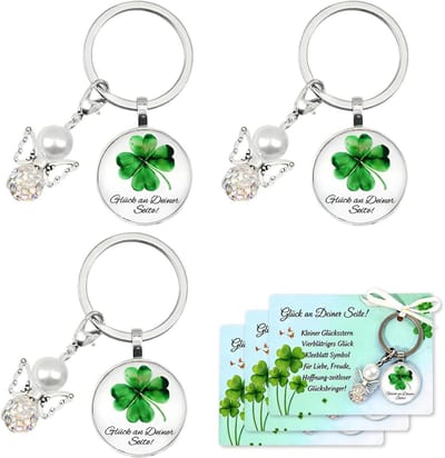 Gelukspoppetjes - Set van 3 Klavertje Vier Sleutelhangers - Metaal en Acryl - Geluksbrengers met Boodschap - Compact en Stevig - Voor Eerste Communie en Vormsel