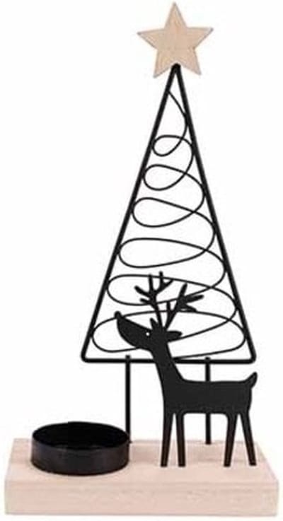 Theelichthouder - kerstboom - zwart - metaal - 14x7H25cm