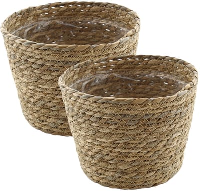 VD Leeden Planten of bloemen mand - 2x - rond - zeegras gevlochten - D22 x H18 cm - plantenmand - bloempot - bloemenmand