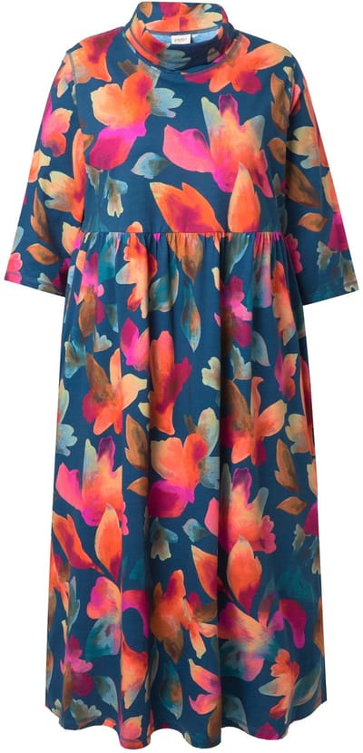 Ulla Popken - Dames - Jersey maxi-jurk opstaande kraag 3/4-mouw - Marine - Maat 46+