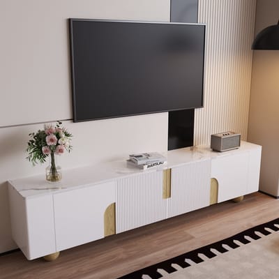MODENUIT Tv-meubel - 4 Deuren Met Marmerlook - Voor Woonkamer - MDF En Spaanplaat - 180x40x44 Cm - Wit/Hout