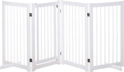 PawHut Hondenpoort Set - 220 x 91 cm - Vouwbaar - Met 2 Steunpoten - Voor Trappen, Keukens, Gangen - Hout - Wit