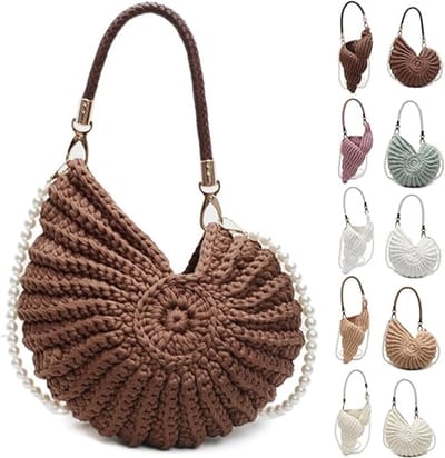VHV - Schoudertas dames - Crossbodytas dames - Gehaakte tas - Schelptas - Handgemaakt - Met parelketting - Voor strand, vakantie en zomer - Uniek cadeau - Bruin