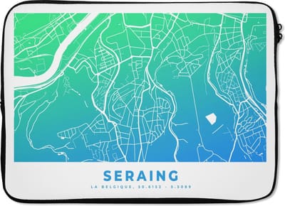 Laptophoes 14 inch - Stadskaart - Seraing - Blauw - België - Laptop sleeve - Binnenmaat 33x23 cm - Zwarte achterkant