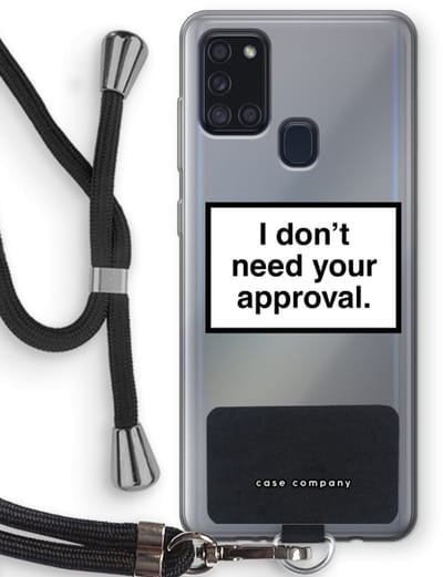 Case Company® - Hoesje met koord geschikt voor Samsung Galaxy A21s hoesje met Koord - Don't need approval - Telefoonhoesje met Zwart Koord - Bescherming aan alle Kanten en Over de Schermrand