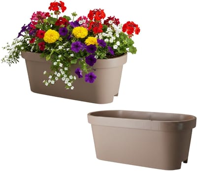 Pro Garden Balkon plantenpot/bloempot - 2x - taupe - 60 x 25 cm - ovaal - kunststof - Reling/schutting/hangende bloempotten