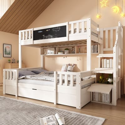 REDOM stapelbed – Massief hout + MDF wit – Boven 90x200 / onder 140x200 cm – Krijtbord – Opbergtrap (kastfunctie) – Grote lades + open opbergruimte – EN747-1:2024 – 150 kg
