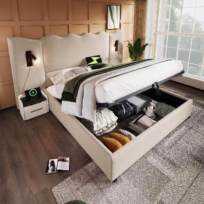 BLACK COLORS Gestoffeerd bed 160x200 cm met opbergruimte, leeslamp en USB Type-C, linnen Beige