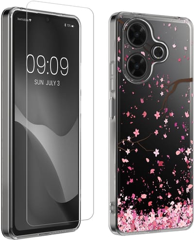 kwmobile telefoonhoesje geschikt voor Xiaomi Redmi 13 hoes - Telefoonhoesje voor smartphone - Telefoon cover - Met glazen schermbeschermer - Kersenbloesembladeren design