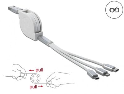 Delock USB Type-A 3 in 1 Retractable Charging Cable for Lightning™ / Micro USB / USB Type-C™ white