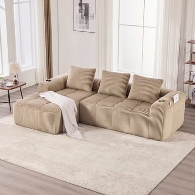 Compacte corduroy bank – zacht, modulair en praktisch voor dagelijks gebruik, met een zijvak en bekerhouder. Hoogwaardig comfort voor langdurig zitten, inclusief 3 kussens. Ideaal voor woonkamers, studeerkamers en meer. Khaki
