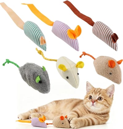 6-delige pluche muis voor katten, muisspeelgoed met lange staart ter bevordering van het jachtinstinct, zacht kattenkruidspeelgoed, interactief kattenspeelgoed