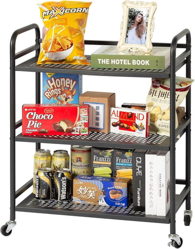 Metal Rolling Heavy Duty Cart - 3 Levels Supports 40lbs Per Layer - Rolling Cart with 2 Lockable Wheels voor Office - Home - Bedroom - Kitchen - Bathroom - Zwart