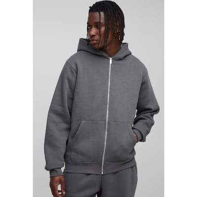 Tall Essential Regular Zip Through Hoodie | Charcoal | Size Small