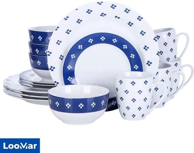 LooMar Serviesset – 16 delig – 4 persoons – Porselein - Luxe – Bordenset – Dinner platen – Dessertborden - Wit - Blauw