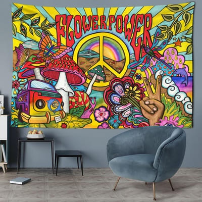 Cartoon Paddenstoelenbos Wandtapijt Muurhanger Psychedelisch Abstract Hekserij Slaapzaal Bohemien Kawayi Huisdecoratie 95x70CM yellow