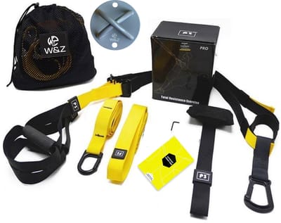W&Z® Suspension trainer Pro - Thuis sporten - Complete suspension Training set - Resistance training - Zwart/Geel - Plafond Anker - X-mount
