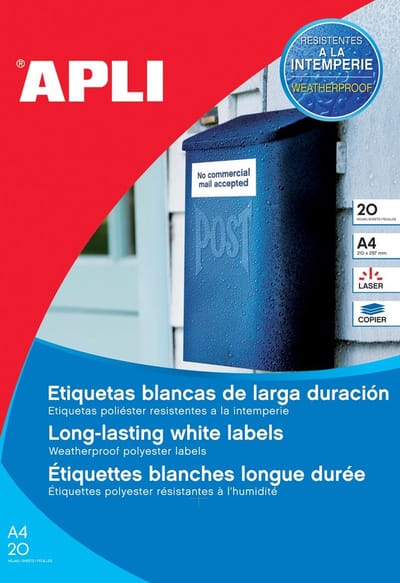 Apli weerbestendige etiketten formaat 210 x 297 mm (b x h) 20 stuks 1 per blad doos van 20 blad