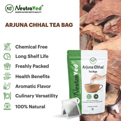 Thé Arjun NeutraVed - 40 Sachets de Thé | Écorce d'Arjun Pure | Tisane pour le Mauvais Cholestérol & un Cœur Sain | Arjuna dans un Sachet Refermable Réutilisable | Pack o