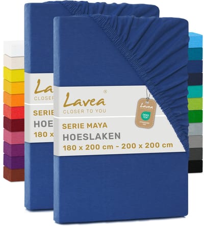 Lavea® Set van 2 Hoeslakens 180x200 cm – 100% Zacht en Ademend Katoen – voor Dikke Matrassen tot 20 cm – Jersey met Elastiek rondom – Koningsblauw