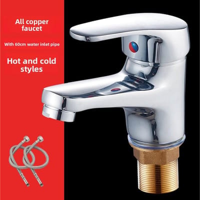 Robinet de Lavabo de Salle de Bain en Laiton Mitigeur Eau Froide Mitigeur à Levier Unique Chromé Avec Tuyaux d'Eau de 60 Cm