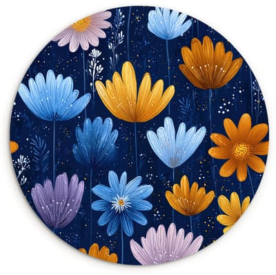 WallCircle® Wandcirkel 120x120 cm - Muurcirkel Bloemen - Patroon - Blauw - Contrast - Muurdecoratie woonkamer - Wanddecoratie slaapkamer - Kamer decoratie accessoires - Ronde schilderijen XXL