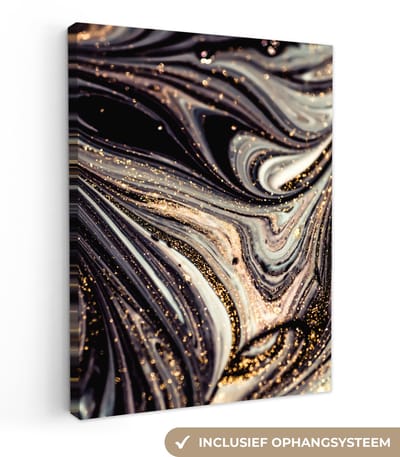 Canvas schilderij 30x40 cm - Wanddecoratie Marmerlook - Zwart - Goud - Wit - Glitter - Marmer - Muurdecoratie woonkamer - Slaapkamer decoratie - Kamer accessoires - Schilderijen op canvas