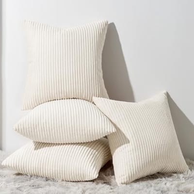 PromoHome 50x50 cm decoratieve kussenhoezen set van 4 - fluweelzachte ribcord stof - gradatie groen gestreept design - voor bank, sofa, stoel in woonkamer, slaapkamer of kantoor