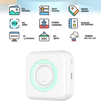 Aura® Mini Printer – Inclusief Thermisch/Zelfklevend/Etiket-Papier, USB-kabel, Aquarelpen, Transparant Sticke – Foto Printer Draadloos – Mobiele Fotoprinter - Wit/Mintgroen - 10cm x 10cm x 4cm