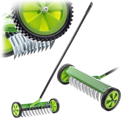 Gazonbeluchter met wielen - Tuinklauw verticuteerder - Gazononderhoud verbeteren - Handmatig met wielen - 14 x 48 cm - Zwart